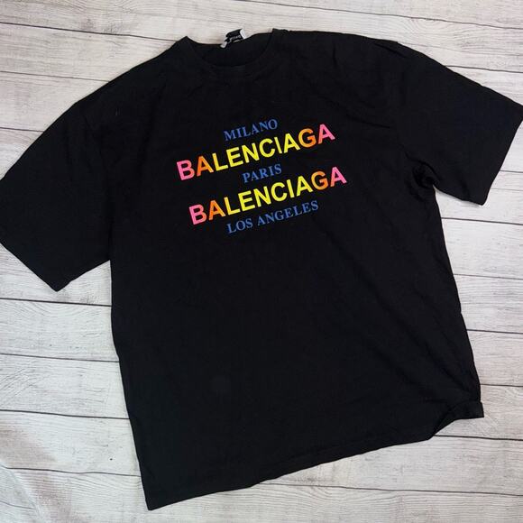 Balenciaga Authentic Men's Black T-Shirt with Rainbow Logo Size Medium - Picture 1 of 5
